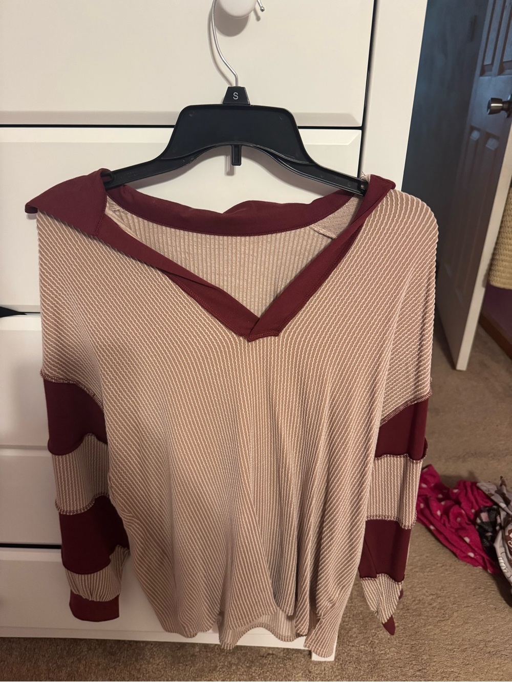 Women's Beige Ribbed Hooded Top with Burgundy Trim